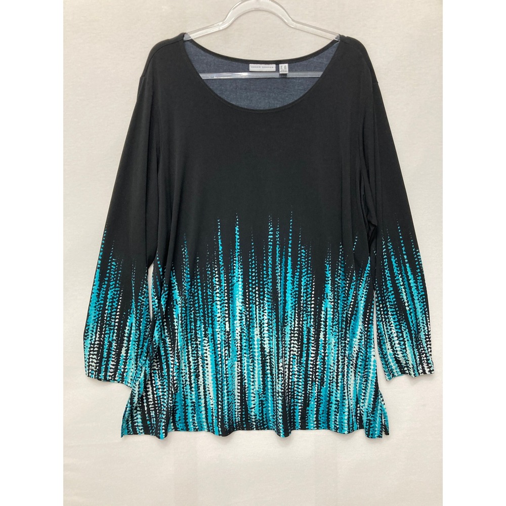 Susan Graver Tunic Size 2X Black Teal Abstract Print Liquid Knit 3/4 Sleeve